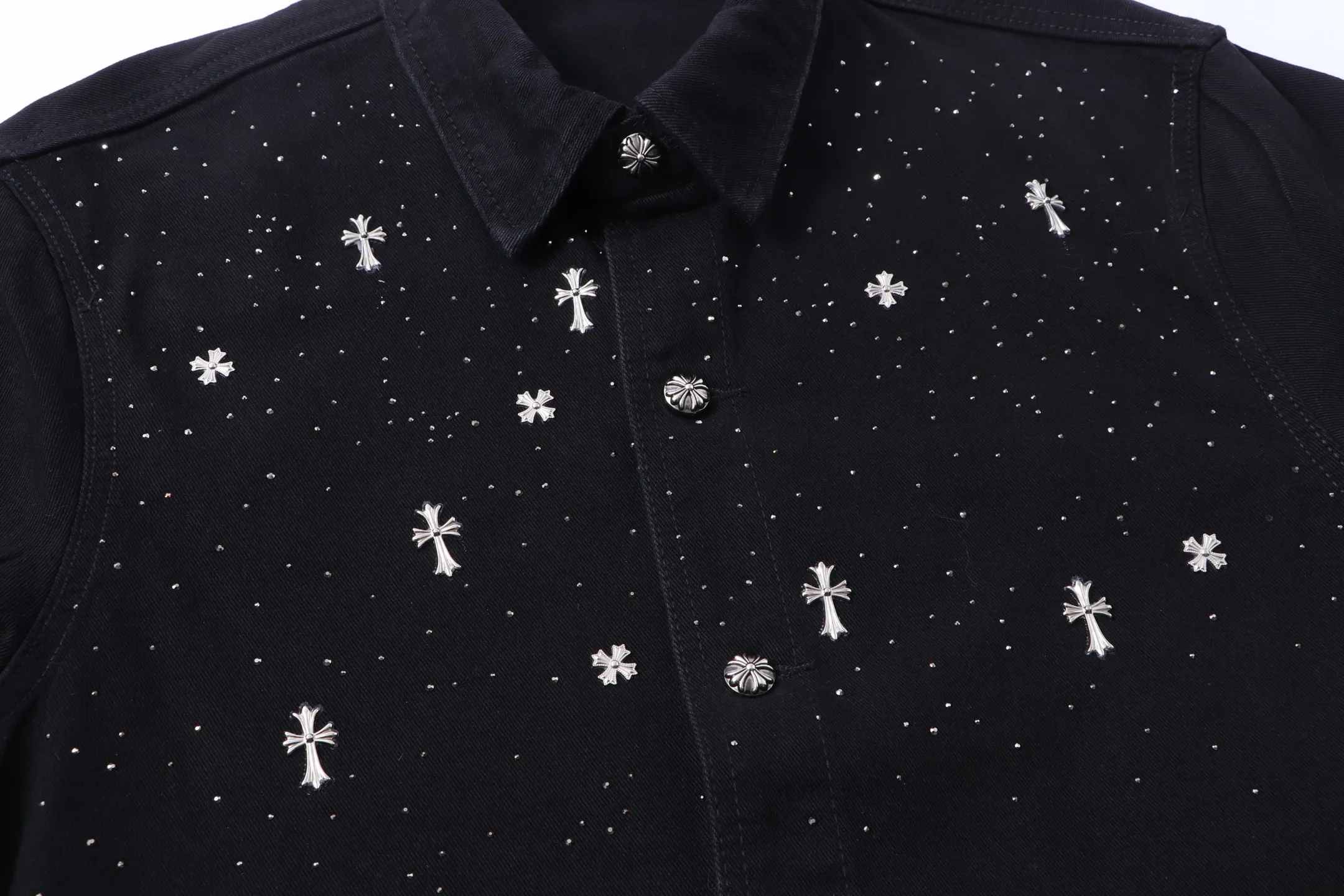 P370 Chrome Hearts Chrome Hearts Hardware Cross Hot Diamond Shirt Denim Jacket Color: Black Size: M L XL XXL XXXL